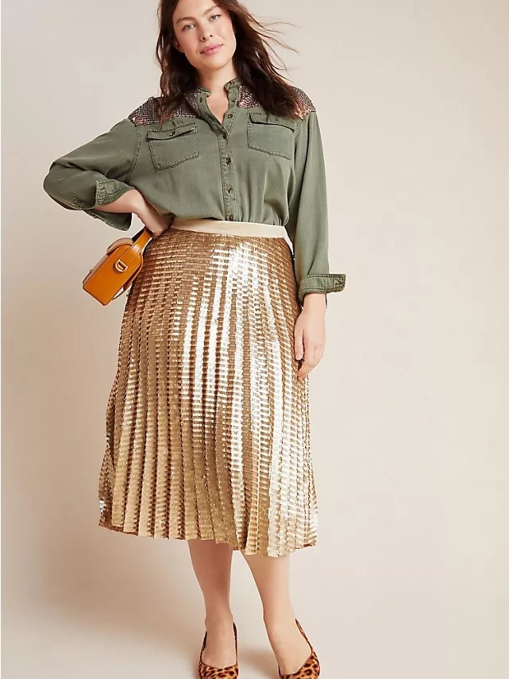 Maeve by Anthropologie Gold Sequin Pleated Midi Skirt
